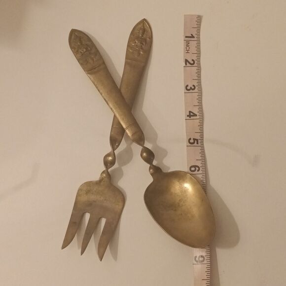 Signed Vintage Bronze Brass Spoon Fork Serving Set - Picture 2 of 8